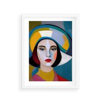 Plakat w ramie 40x50 - Kształtujące Widzenia - abstrakcyjny obraz olejny, portret twarzy kobiety - rama biała