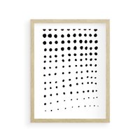 Plakat w ramie 50x70 - Abstrakcyjna Transformacja - abstrakcyjna kompozycja z czarnych kropek, minimalistyczny czarno bialy plakat - rama drewno