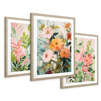 Zestaw obrazy w ramie 40x50 galeria - kwiaty, akwarela, pastele, liście - rama drewno