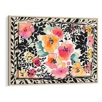 Obraz w ramie 100x70 - Opowieść w kroplach farb - akwarelowe kwiaty, mocna ornamentowa czarna ramka namalowana dookoła obrazu - rama drewno