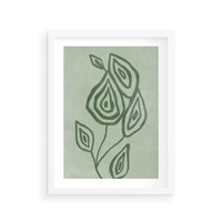 Plakat w ramie 30x40 - Szmaragdowy Oddech - abstrakcyjne delikatne zielone linie, podobne do gałęzi kwiatów - rama biała