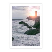 Plakat bez ramy 30x40 - Latarnia, Zachód Słońca i Fale - latarnia na klifie, zachód słońca