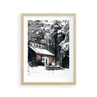 Plakat w ramie 30x40 - Zimowy Urok Drewnianego Domku - zima, drewniany domek - rama drewno