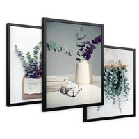 Zestaw obrazy w ramie 30x40 galeria - Eukaliptus, liście, tryptyk, skandynawski - rama czarna