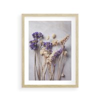 Plakat w ramie 50x70 - Błękitno-Biała Harmonia - suszone kwiaty, błekitne - rama drewno