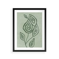 Plakat w ramie 50x70 - Szmaragdowy Oddech - abstrakcyjne delikatne zielone linie, podobne do gałęzi kwiatów - rama czarna