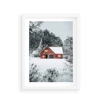 Plakat w ramie 50x70 - Domek w Górach Pokryty Śniegiem - domek w górach, śnieg - rama biała