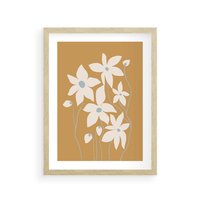 Plakat w ramie 40x50 - Kwiatowy Spektakl - minimalistyczne kwiaty, na pomarańczowym tle - rama drewno