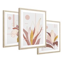 Zestaw obrazy w ramie 30x40 galeria - Złote, liście, pastelowe, nowoczesne - rama drewno