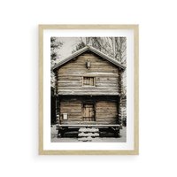 Plakat w ramie 50x70 - Stary Drewniany Dom w Śniegu - stary drewniany dom, zima - rama drewno