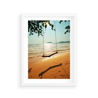 Plakat w ramie 50x70 - Tropikalna plaża i huśtawka - plaża, tropiki - rama biała