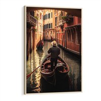 Obraz w ramie 80x120 - Spokojna Wenecja - gondolier w gondoli, kanały Wenecji - rama drewno