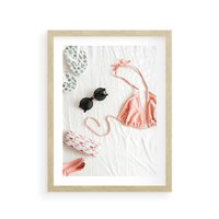 Plakat w ramie 40x50 - Letnia Elegancja na Plaży - kompozycja, elementy stroju na plażę - rama drewno