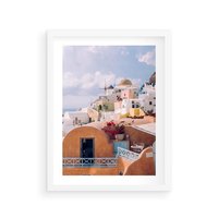 Plakat w ramie 50x70 - Błękit Morza i Białe Domki - Santorini, wyspa - rama biała