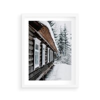 Plakat w ramie 50x70 - Cicha Zima - zima, domek w górach - rama biała