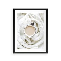 Plakat w ramie 50x70 - Kawa na Wełnianym Kocu - kawa, biały wełniany koc - rama czarna