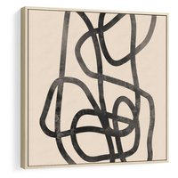 Obraz w ramie 50x50 - Przenikanie Wirtualnych Wymiarów - zaplątane minimalistyczne linie, na bezowym tle - rama drewno