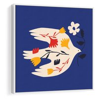 Obraz w ramie 80x80 - Bezczasowy Szept - niebieskie tło, abstrakcyjny biały ptak - rama biała