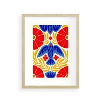 Plakat w ramie 50x70 - Eklektyczny Majestat - wyrazista grafika, mocne kolory czerwień niebieski żółty - rama drewno