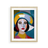 Plakat w ramie 40x50 - Kształtujące Widzenia - abstrakcyjny obraz olejny, portret twarzy kobiety - rama drewno