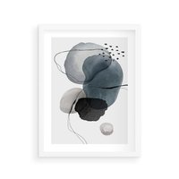 Plakat w ramie 50x70 - Wibracje Kształtów - abstrakcyjne plamy akwarelowe, czarny szkic - rama biała