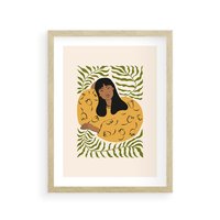 Plakat w ramie 50x70 - Malowane Odbicia Wyobraźni - nowoczesny plakat, kobieta otoczona liśćmi - rama drewno
