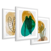 Zestaw obrazy w ramie 40x50 galeria - Złote, liście, monstera, akwarela - rama biała