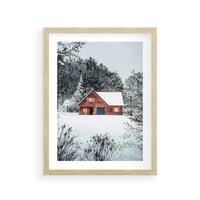 Plakat w ramie 40x50 - Domek w Górach Pokryty Śniegiem - domek w górach, śnieg - rama drewno