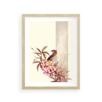 Plakat w ramie 30x40 - Kwiatowe Zanurzenie - japońska sztuka, ptak - rama drewno