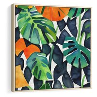 Obraz w ramie 80x80 - Tropikalne Pragnienia - akwarela, liście tropikalne - rama drewno