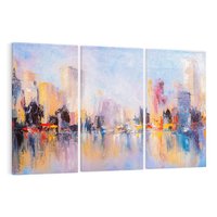 Obraz na płótnie 120x80 - Miasto Refleksji - olejna panorama miasta w oddali, wiezowce odbijają się w rzece