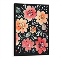 Obraz w ramie 50x70 - Labirynty melancholii - akwarelowe, pastelowe kwiaty na czarnym tle - rama czarna