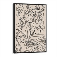 Obraz w ramie 50x70 - Kobiecy Portret Duszy - beżowe tło, czarny szkic nowoczesnych kwiatów - rama czarna