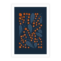 Plakat bez ramy 21x30 - Symfonia liści i owoców - granatowe tło, pomarańczowe owoce jarzębiny