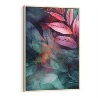 Obraz w ramie 80x120 - Subtelne Zielone - pastelowe zielone liście, róż - rama drewno