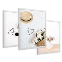 Zestaw obrazy w ramie 50x70 galeria - Kawa, kwiaty, boho, kapelusz - rama biała