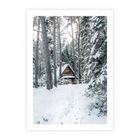 Plakat bez ramy 21x30 - Spokój Zimowej Przygody w Lesie - domek w górach w lesie, zima