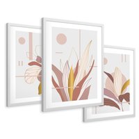 Zestaw obrazy w ramie 40x50 galeria - Złote, liście, pastelowe, nowoczesne - rama biała