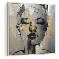 Obraz w ramie 50x50 - Kobieta - Abstrakcyjne Malowidło - złote, usta abstrakcja - rama drewno