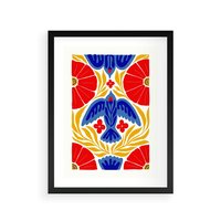 Plakat w ramie 30x40 - Eklektyczny Majestat - wyrazista grafika, mocne kolory czerwień niebieski żółty - rama czarna