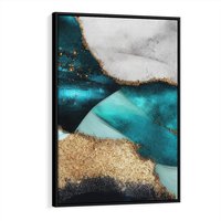 Obraz w ramie 70x100 - Rozlane Turkusy - Turkusowe plamy, złote elementy - rama czarna