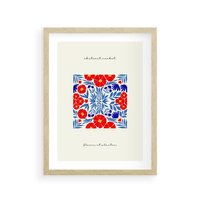 Plakat w ramie 30x40 - Tajemnicza Droga - nowoczesna kwiatowa kompozycja, czerwony i niebieski - rama drewno