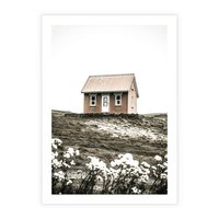 Plakat bez ramy 21x30 - Krajobraz z Przeszłości: Kwitnąca Łąka w Sepii - domek na wzgórzu, kwitnąca łąka