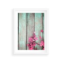 Plakat w ramie 30x40 - Urok Dawnych Czasów - kwiaty, deski - rama biała