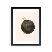 Plakat w ramie 30x40 - Złota Gałązka na Tle Akwarelowej Ciemności - złota gałązka, czarna plama akwarelowa w tle - rama czarna