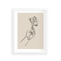 Plakat w ramie 30x40 - Szkic Kwiatu - kwiat w dłoni, szkic - rama biała