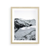 Plakat w ramie 50x70 - Biały Zimowy Pejzaż - góry w zimie, ośnieżone wysokie szczyty - rama drewno