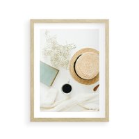 Plakat w ramie 40x50 - Boho Urok - kompozycja boho, slomkowy kapelusz - rama drewno