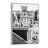 Obraz w ramie 70x100 - Miasto w Retro Odsłonie - fotografia czarno biała, ujęcie na dachy wielkiego miasta - rama drewno