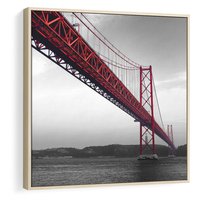 Obraz w ramie 50x50 - Majestatyczny Most - czarno biała fotografia, czerwony stalowy most nad rzeką - rama drewno